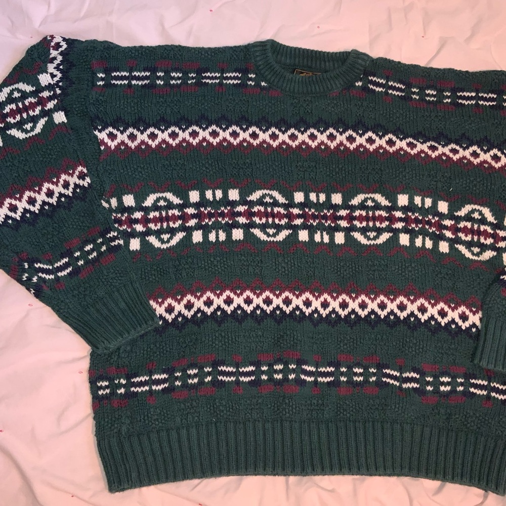 vintage 90s eddie bauer cotton knit pullover sweater fair isle green navy red L‎
